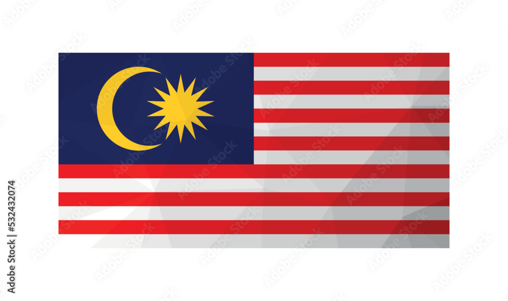 Vector illustration. Official symbol of Malaysia. National flag with red, white stripes and crescent with star. Creative design in low poly style with triangular shapes