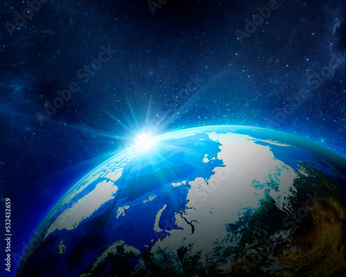 Fototapeta Naklejka Na Ścianę i Meble -  Planet earth globe view from space showing realistic earth surface and world map as in outer space point of view. 3d render