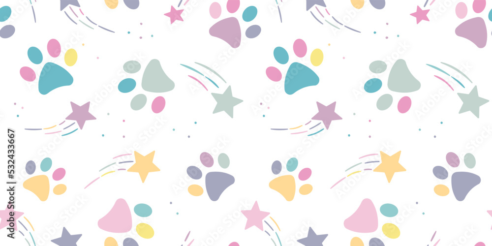 Colorful paws on white background, seamless paw pattern,