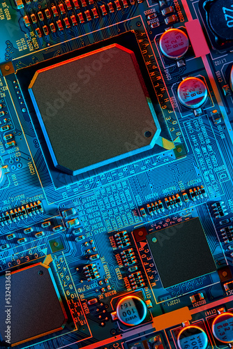Electronic circuit board close up.	