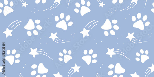 White and blue paw pattern, vector background