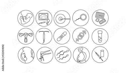 Pregnancy insemination contraception concept. Woman fertility icon set. Obstetrics signs collection.