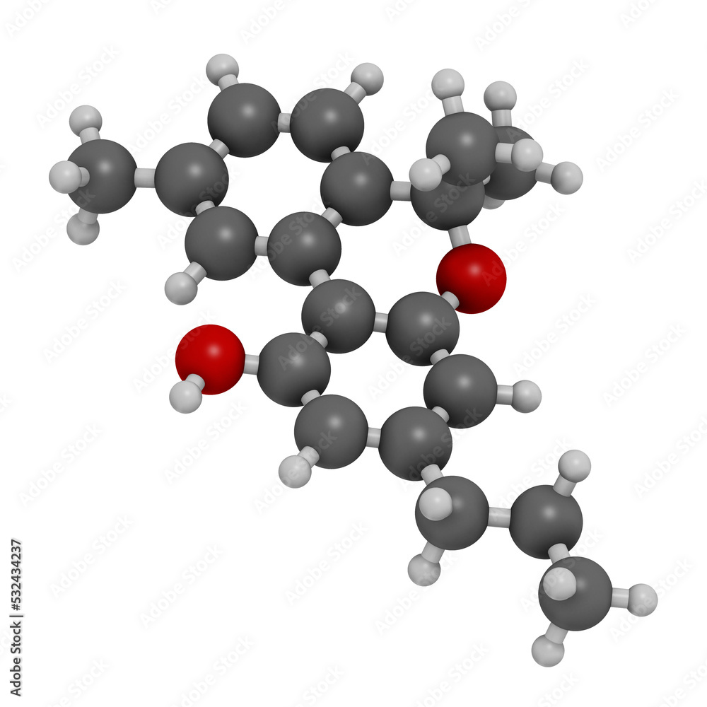 Cannabivarin or cannabivarol cannabinoid molecule, 3D rendering. Cannabivarin or cannabivarol cannabinoid molecule, 3D rendering.