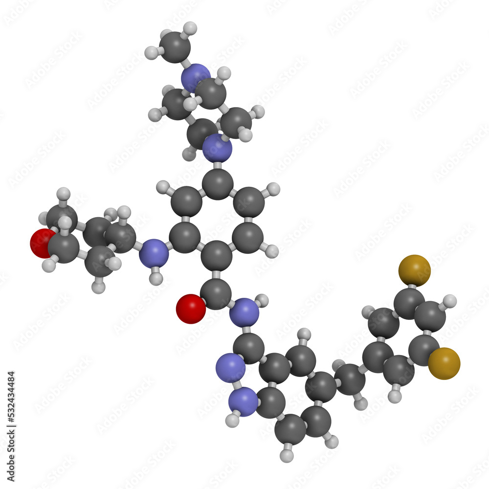 Entrectinib cancer drug molecule, 3D rendering.
