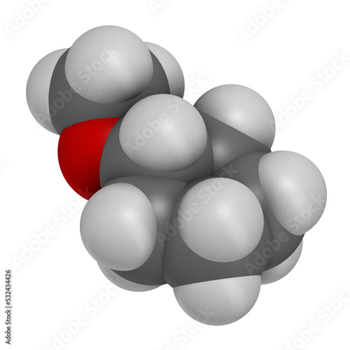 Cyclopentyl methyl ether solvent molecule 3D rendering. Atoms are represented as spheres with conventional color coding  hydrogen  white   carbon  grey   oxygen  red .