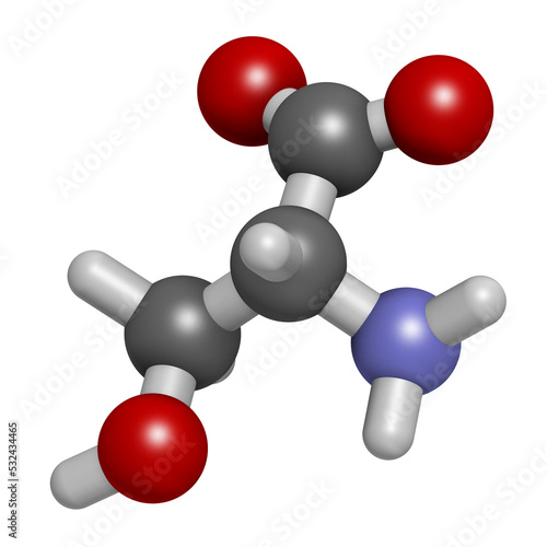 D-serine amino acid molecule. Enantiomer of L-serine, 3D rendering. photo