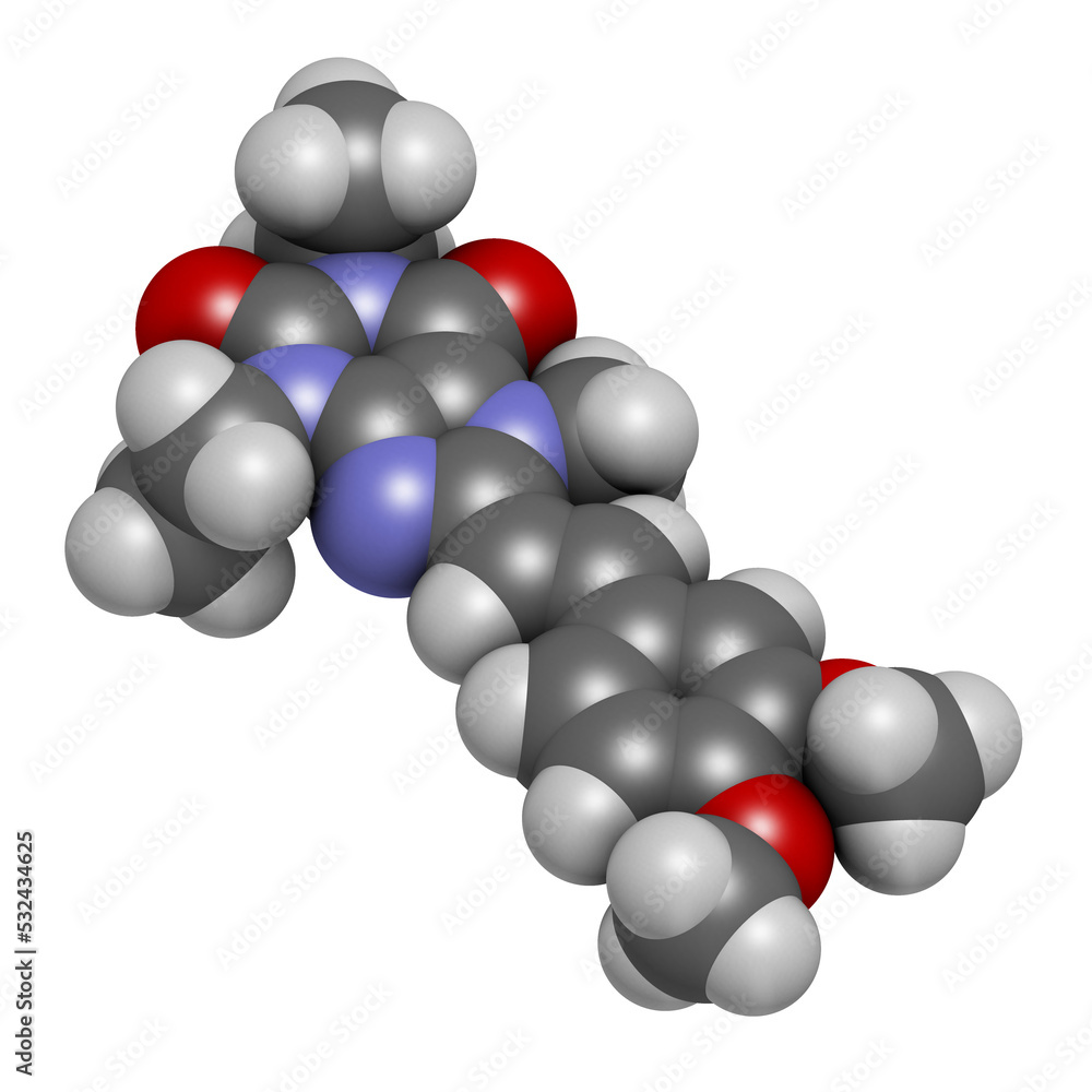 Istradefylline Parkinson's disease drug molecule, 3D rendering. Istradefylline Parkinson's disease drug molecule, 3D rendering.