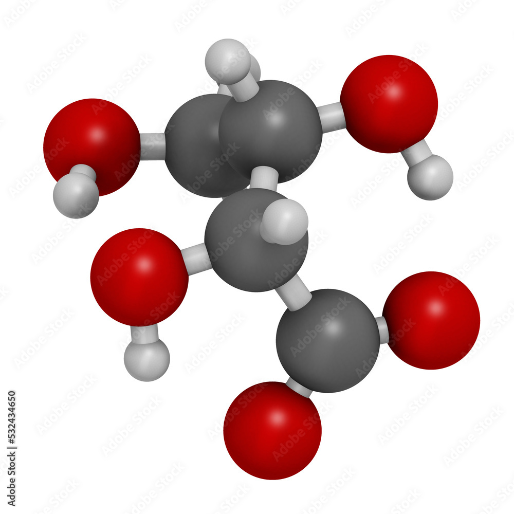L-Threonic acid molecule, 3D rendering. L-Threonic acid molecule, 3D rendering.