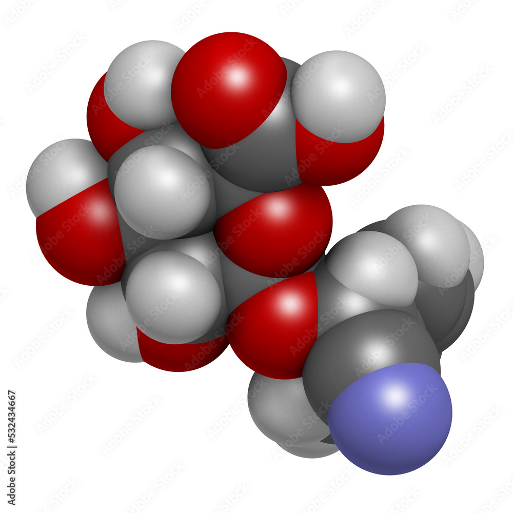 Laetrile molecule. Derivative of amygdalin. Used in quack cancer treatment, 3D rendering. Laetrile molecule. Derivative of amygdalin. Used in quack cancer treatment, 3D rendering.