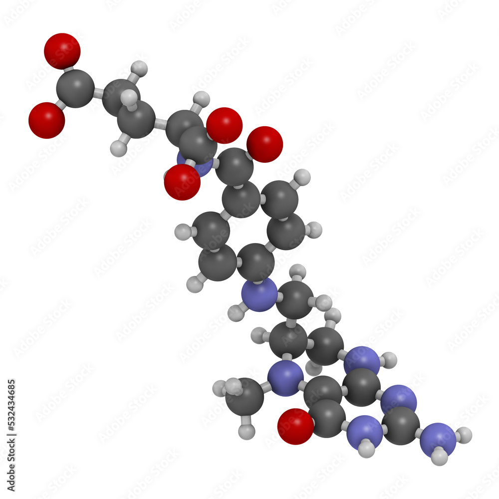 Levomefolic acid or 5-methyltetrahydrofolate molecule, 3D rendering. Levomefolic acid or 5-methyltetrahydrofolate molecule, 3D rendering.