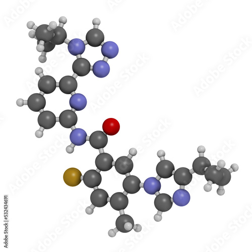 Stylized skeletal formula (chemical structure): Atoms are shown as color-coded circles: hydrogen (hidden); carbon (grey); nitrogen (blue); oxygen (red); sulfur (yellow); fluorine (cyan).