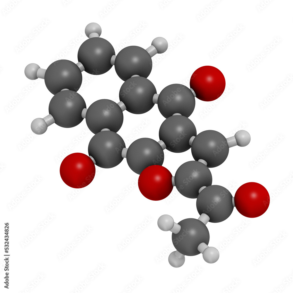 Napabucasin cancer drug molecule, 3D rendering. Napabucasin cancer drug molecule, 3D rendering.