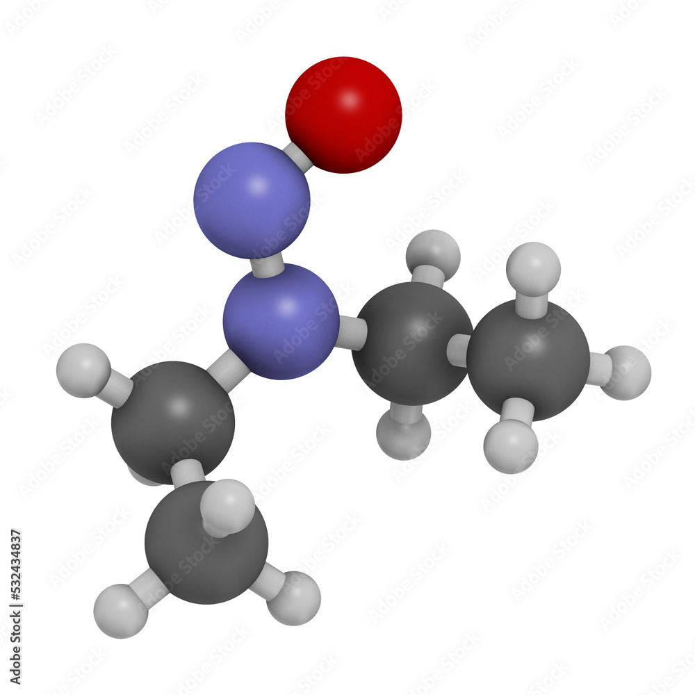 N-Nitroso-diethylamine or NDEA carcinogenic molecule, 3D rendering. N-Nitroso-diethylamine or NDEA carcinogenic molecule, 3D rendering.