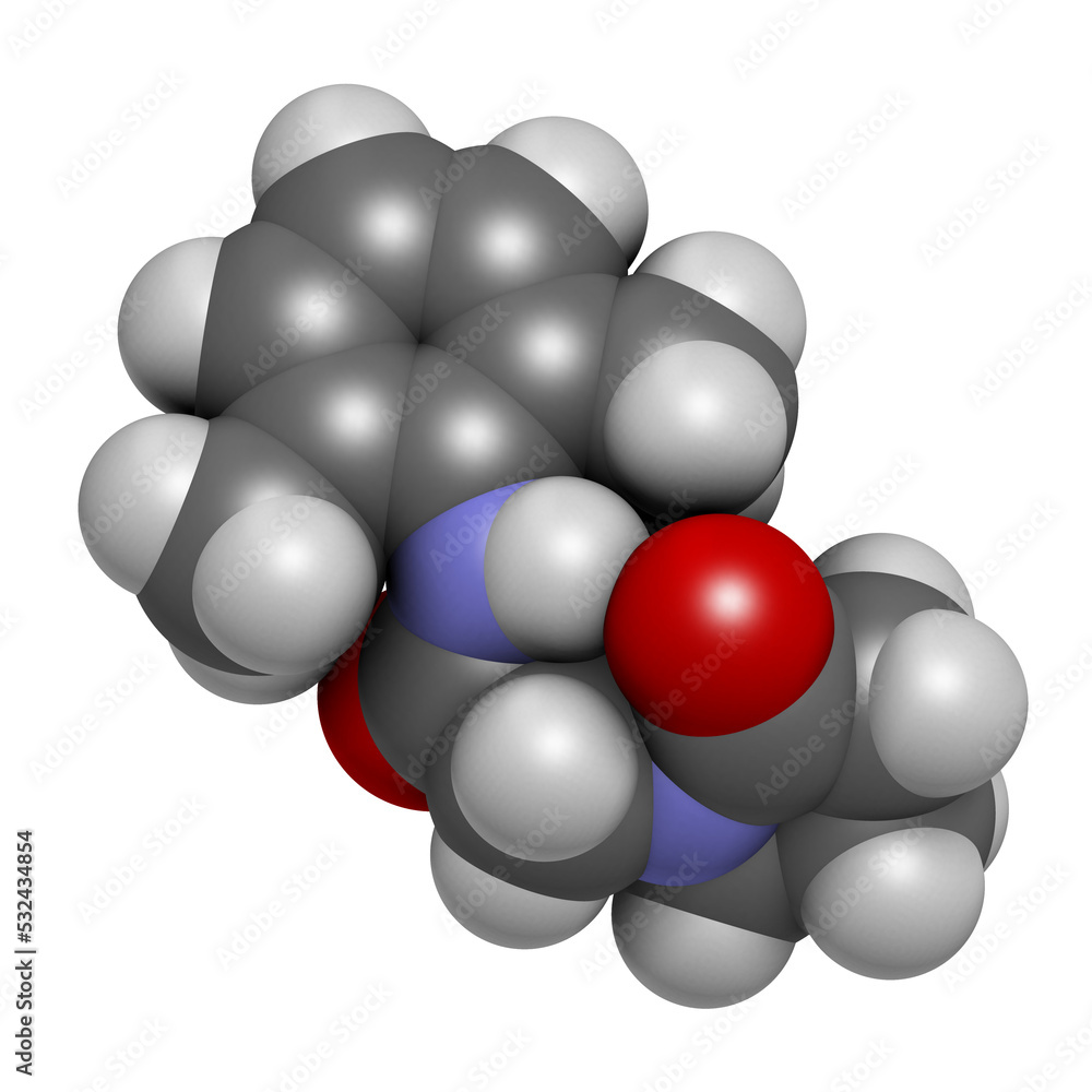 Nefiracetam nootropic drug molecule, 3D rendering. Nefiracetam nootropic drug molecule, 3D rendering.