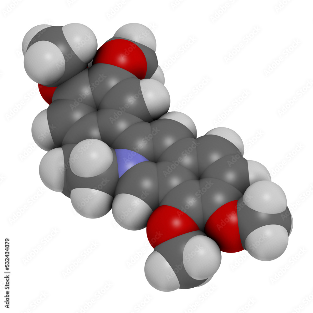 Palmatine herbal alkaloid molecule, 3D rendering. Palmatine herbal alkaloid molecule, 3D rendering.