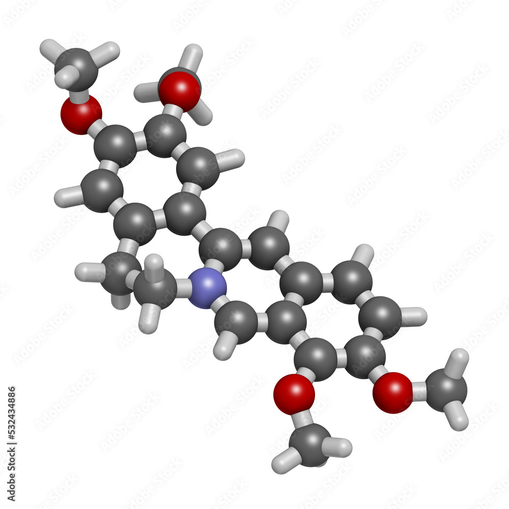 Palmatine herbal alkaloid molecule, 3D rendering.