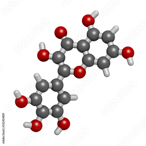 Myricetin flavonoid molecule, 3D rendering. photo