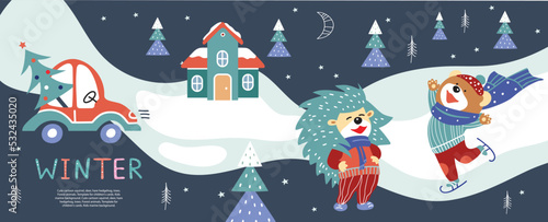 Cute cartoon bear and hedgehog in warm winter clothes. The car is carrying a Christmas tree.