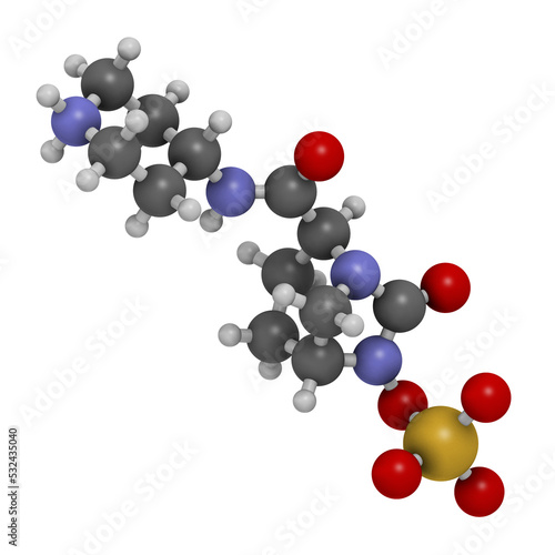 Relebactam drug molecule. Beta-lactamase inhibitor that is adminstered with beta-lactam antibiotics, 3D rendering.
