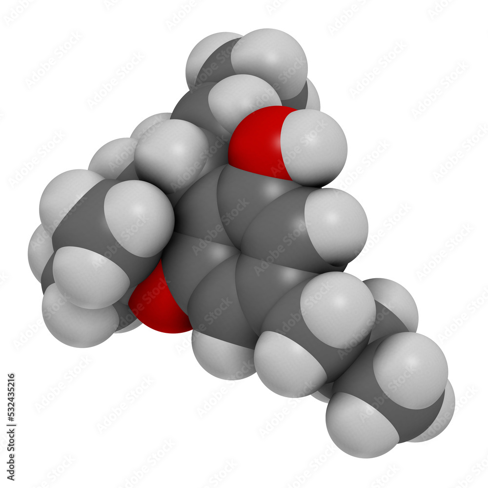 Tetrahydrocannabivarin or THCV cannabinoid molecule, 3D rendering. Tetrahydrocannabivarin or THCV cannabinoid molecule, 3D rendering.