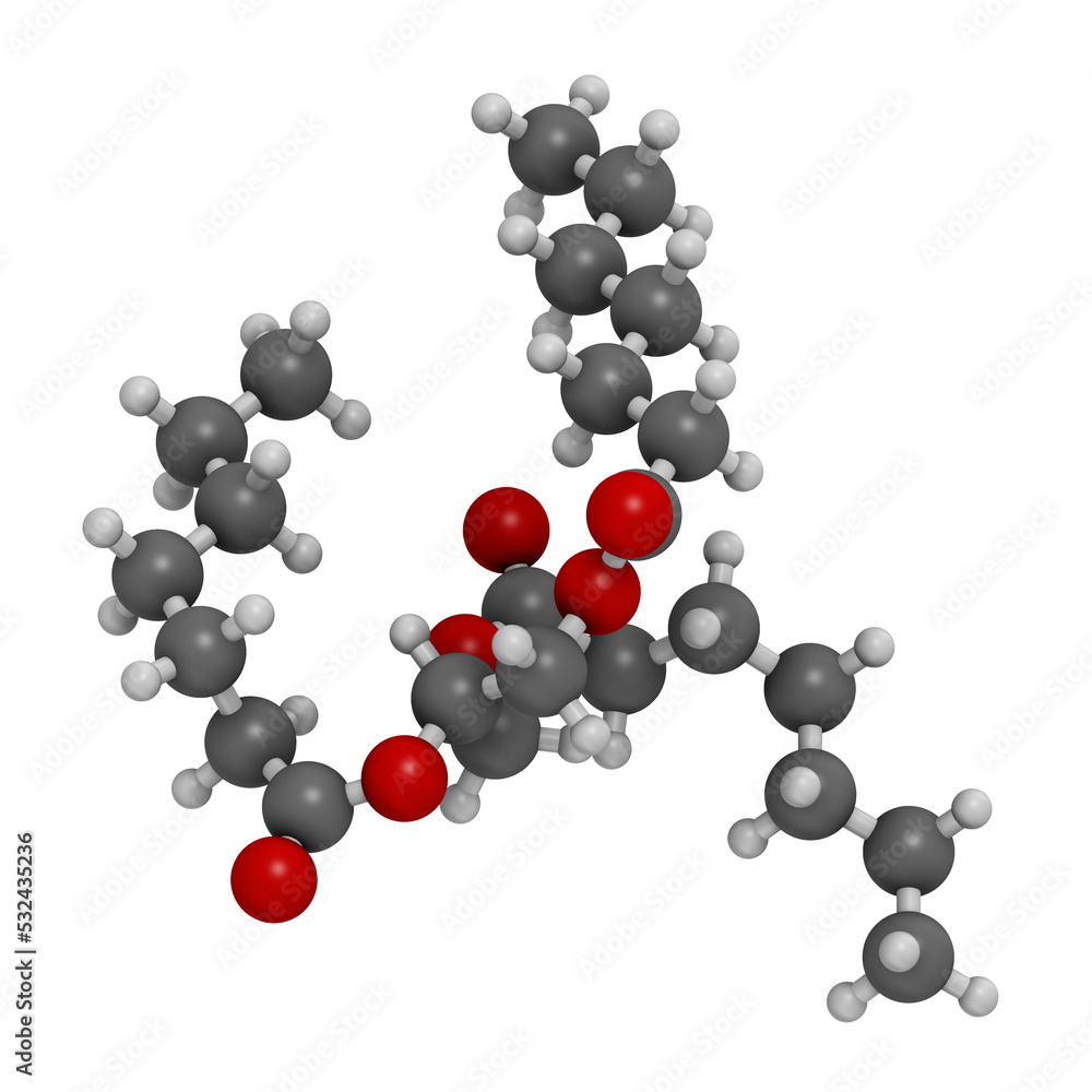 Triheptanoin drug molecule, 3D rendering. Triheptanoin drug molecule, 3D rendering.