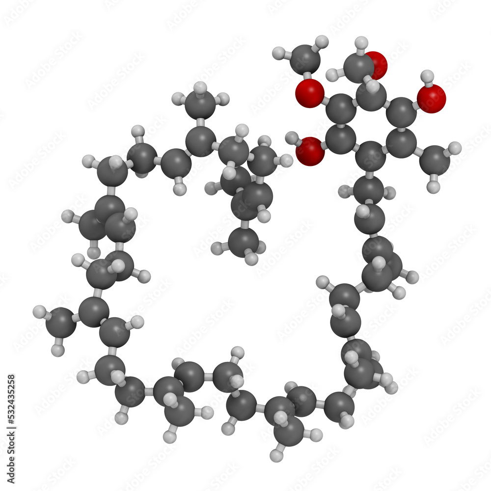 Ubiquinol molecule. Reduced form of coenzyme Q10, 3D rendering. Ubiquinol molecule. Reduced form of coenzyme Q10, 3D rendering.
