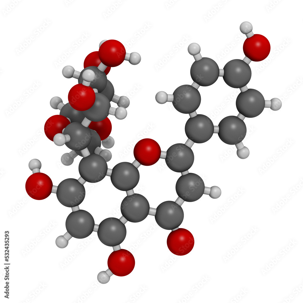 Vitexin passion flower molecule, 3D rendering.