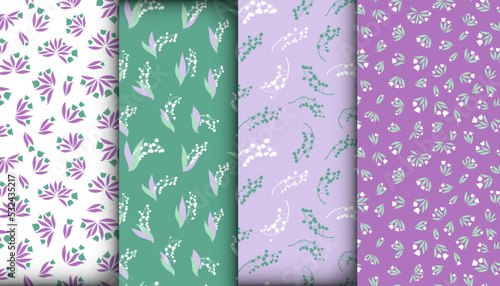 Floral Pattern Set. Seamless Lili Valley Textile Print. Fresh Blossom Illustration. Spring Floral Pattern. Romantic Foliage Invitation. Bunch of Convallaria Majalis. Floral Pattern Set.