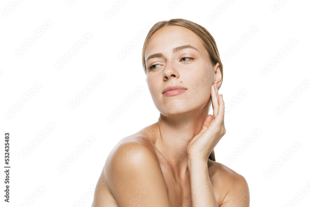 Half-length portrait of young, beautiful girl with well-kept skin isolated on white background. Spa, cosmetology, face lifting and skin care concept Half-length portrait of young, beautiful girl with well-kept skin isolated on white background. Spa, cosmetology, face lifting and skin care concept