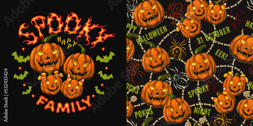 Set of halloween pattern, label with fire text, happy funny pumpkin family, grunge spider sihouette, but, bones, text Spooky family. Pumpkins stylized as human characters.