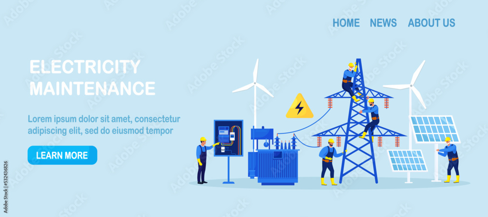 Electricity energy maintenance. Team of electrician control power energy lines. Technician repair service of powerline.Telephone or electricity line poles with power supply repairmen. Lighting testing