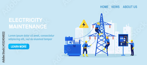 Electricity energy maintenance.Team of electricians control power energy lines. Technician repair service of powerline.Telephone or electricity line poles with power supply repairmen. Lighting testing