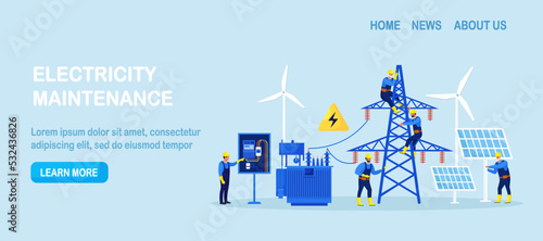 Electricity energy maintenance. Team of electrician control power energy lines. Technician repair service of powerline.Telephone or electricity line poles with power supply repairmen. Lighting testing
