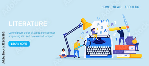 Literature. Author writing chapter of novel, poetry book. Bestseller publishing. People standing near typewriter with paper and words, reading book. Screenwriter, poet or journalist working on article