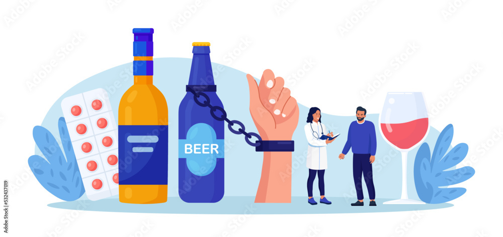 Addiction treatment, recovery and rehabilitation. Life-threatening condition. Person in depression addicted to drugs, alcohol. Drink man chained to alcohol bottle. Strong hangover. Alcoholism therapy Addiction treatment, recovery and rehabilitation. Life-threatening condition. Person in depression addicted to drugs, alcohol. Drink man chained to alcohol bottle. Strong hangover. Alcoholism therapy