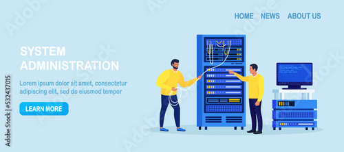 System administrator upkeeping server, adjusting network, PC hardware. Sysadmin repairing computer. Administration, data center maintenance service. Repairman doing technical work with server rack