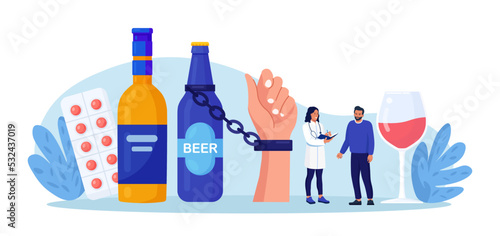 Addiction treatment, recovery and rehabilitation. Life-threatening condition. Person in depression addicted to drugs, alcohol. Drink man chained to alcohol bottle. Strong hangover. Alcoholism therapy