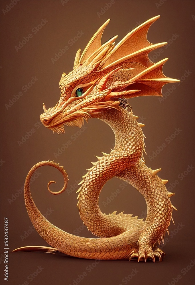Fototapeta premium A cute handsome dragon with golden scales