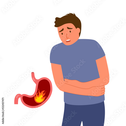 Man feel pain in stomach vector illustration. Stomach acid reflux disease and digestive system problem. Heartburn concept.