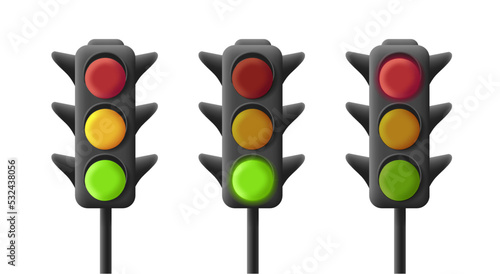 Traffic lights with all three colors on one by one, 3d illustrations
