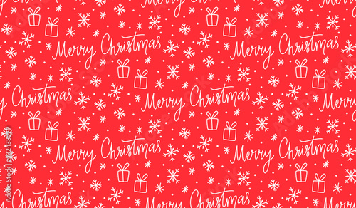 Merry Christmas wrapping paper design, seamless pattern red background with words and snowflakes, vector texture