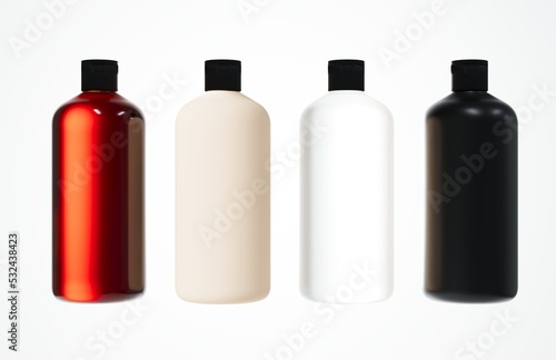 Four different shampoo bottles, plastic cosmetic packaging assorted set 3D render isolated on white background, mock-up ready hair care product