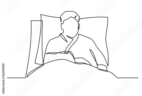 Continuous one line drawing of man with broken arm wearing arm splint lying on a bed in the hospital. The patient is in the ward