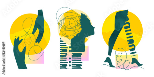 Art collage with chaos in girls head. Mental health, personal emotion, trouble, anxiety, stress. Contemporary creative psychology vector illustration. Abstract shape, surrealism, human emotions