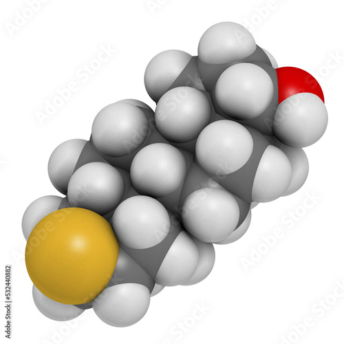 Epitiostanol  epithioandrostanol  cancer drug molecule. 3D rendering. Atoms are represented as spheres with conventional color coding  hydrogen  white   carbon  grey   oxygen  red   sulfur  yellow .