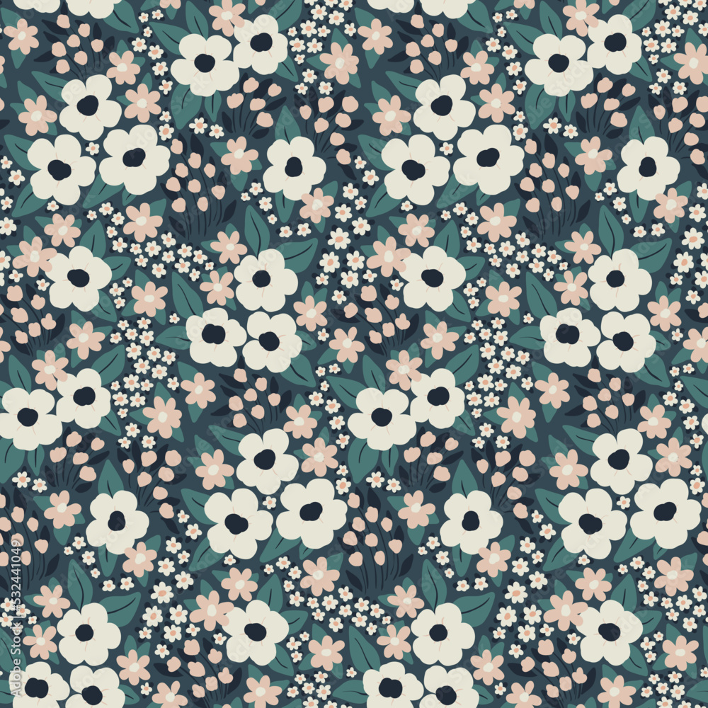 Seamless floral pattern, cute decorative ditsy print with pretty hand drawn meadow. Botanical wallpaper, textile design, graphic ornament of small flowers, leaves on dark blue. Vector illustration Seamless floral pattern, cute decorative ditsy print with pretty hand drawn meadow. Botanical wallpaper, textile design, graphic ornament of small flowers, leaves on dark blue. Vector illustration
