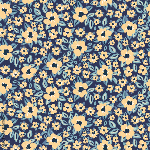 Seamless floral pattern, cute ditsy print with rustic, folk motifs. Liberty botanical arrangement with hand drawn wild plants: small yellow flowers, leaves on a blue background. Vector illustration.