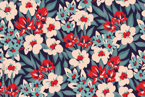 Seamless floral pattern, winter ditsy print with hand drawn artistic meadow. Abstract botanical arrangement with small wild flowers, leaves on a blue background. Vector illustration.