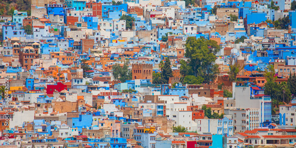 Fototapeta premium Panoramic view of the blue city of Chefchaouen in Morocco