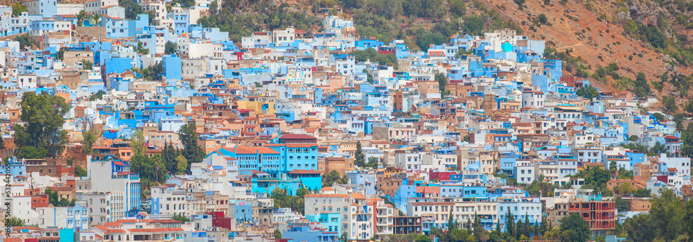 Panoramic view of the blue city of Chefchaouen in Morocco
